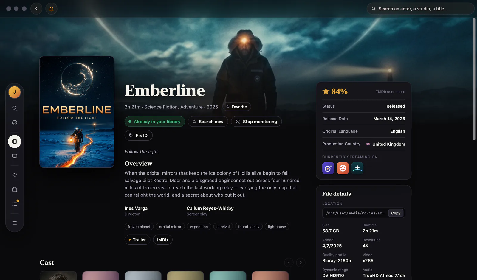 Marquee for Mac showing the page for Emberline, a made-up film: the navigation rail floating at the left edge, the poster, the library badge and actions under the title, and cards with the TMDb score, release details and file details.