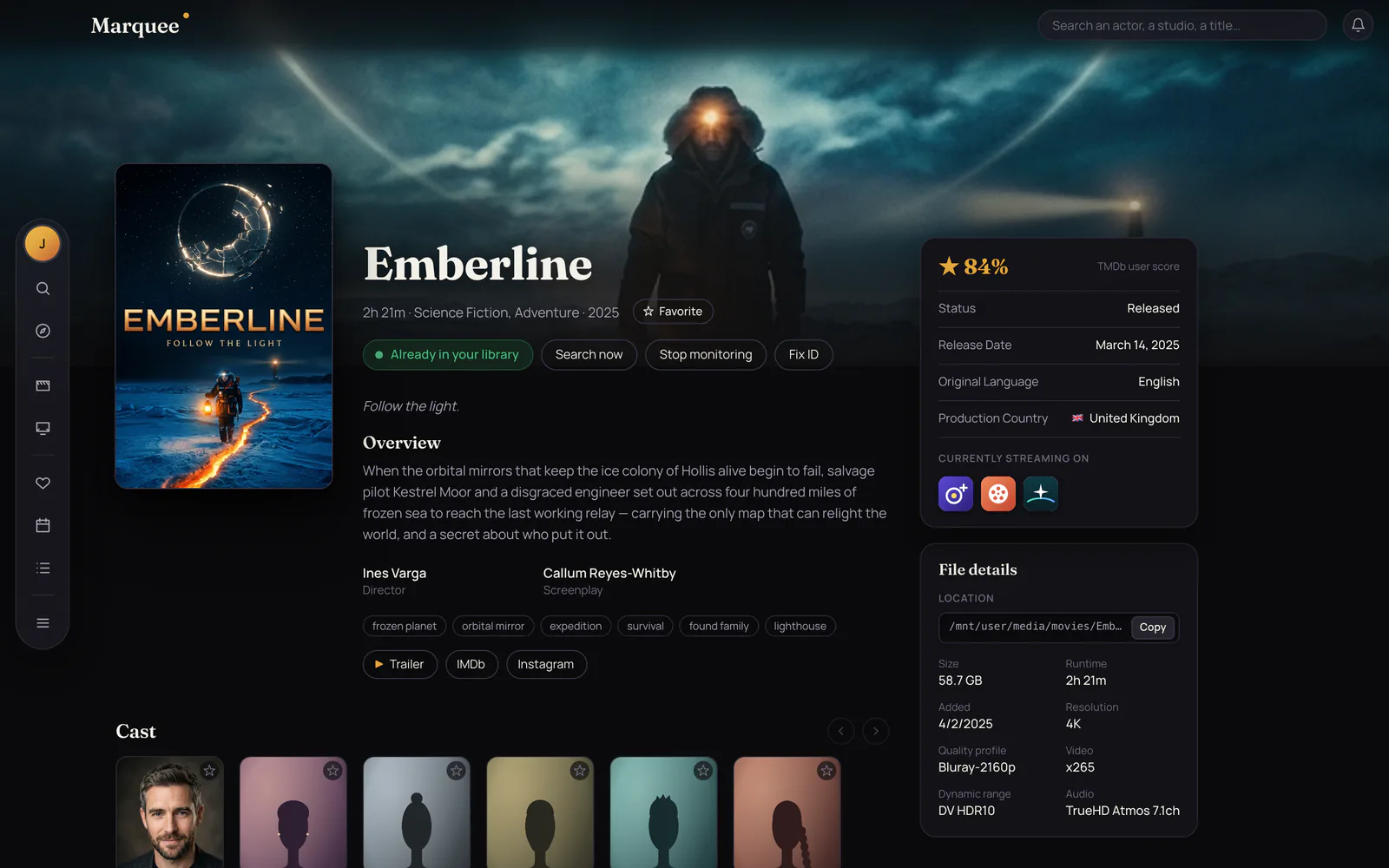 Marquee’s page for Emberline, a made-up film, with the navigation rail floating at the left edge and the backdrop running under it. A green “Already in your library” badge sits under the title next to Search now, Stop monitoring and Fix ID, and a File details card lists the file’s location, size, 4K resolution, video codec, Dolby Vision HDR10 and TrueHD Atmos audio.
